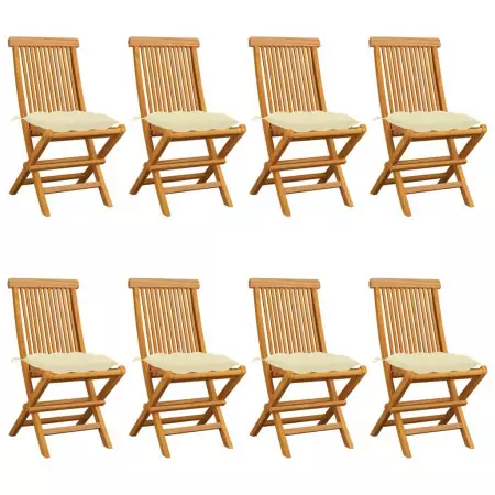 Sedie da Giardino e Cuscini Bianco Crema 8 pz Massello di Teak