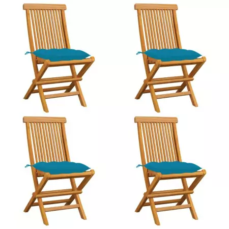 Sedie da Giardino con Cuscini Azzurro 4 pz in Massello di Teak