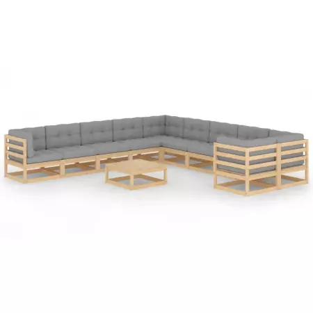 Set Divani da Giardino 11 pz con Cuscini Legno Massello di Pino