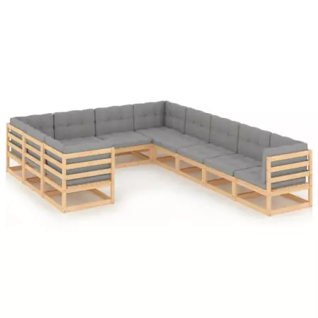 Set Divani da Giardino 10 pz con Cuscini Legno Massello di Pino