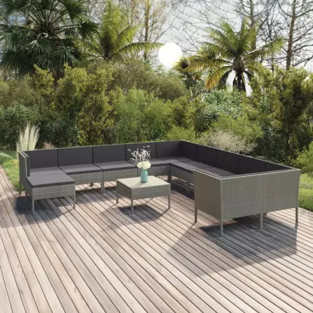 Set Divani da Giardino 12 pz con Cuscini in Polyrattan Grigio