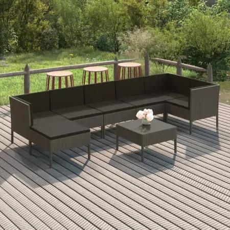 Set Divani da Giardino 8 pz con Cuscini in Polyrattan Grigio