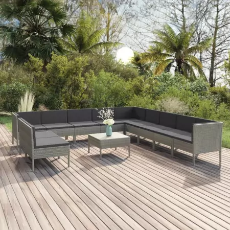 Set Divani da Giardino 12 pz con Cuscini in Polyrattan Grigio