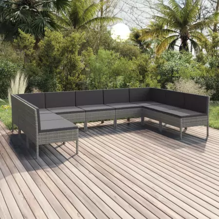 Set Divani da Giardino 9 pz con Cuscini in Polyrattan Grigio