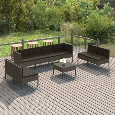 Set Divani da Giardino 9 pz con Cuscini in Polyrattan Grigio