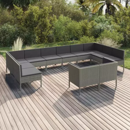 Set Divani da Giardino 12 pz con Cuscini in Polyrattan Grigio