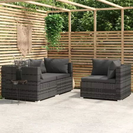 Set Divani da Giardino 3 pz con Cuscini in Polyrattan Grigio