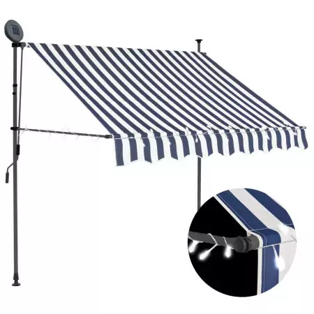 Tenda da Sole Retrattile Manuale con LED 150 cm Blu e Bianco