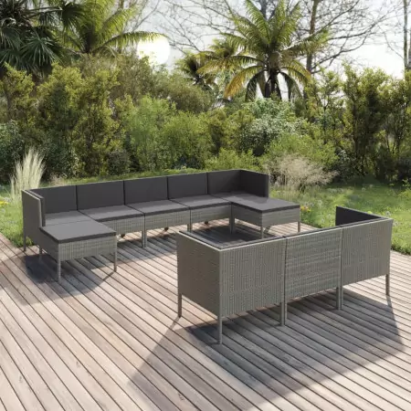 Set Divani da Giardino 10 pz con Cuscini in Polyrattan Grigio