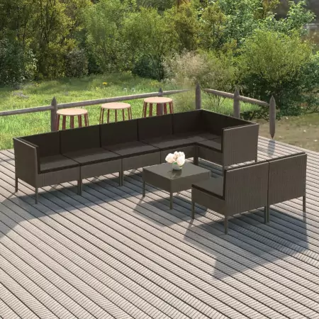 Set Divani da Giardino 9 pz con Cuscini in Polyrattan Grigio