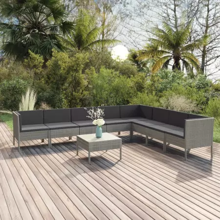 Set Divani da Giardino 9 pz con Cuscini in Polyrattan Grigio