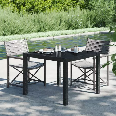 Tavolo Giardino 90x90x75 cm Vetro Temperato e Polyrattan Nero