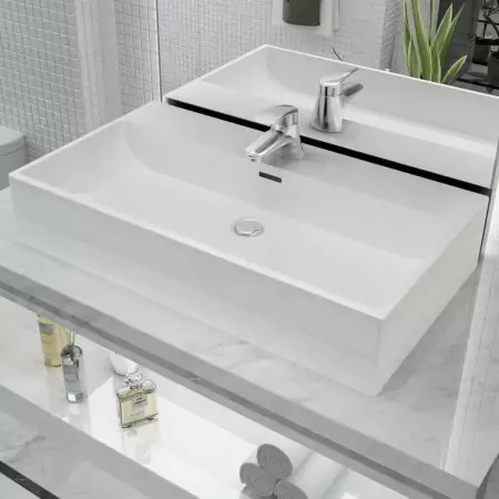 Lavandino con Foro Rubinetto in Ceramica Bianca 76x42,5x14,5 cm