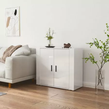 Credenza Bianco Lucido 80x33x70 cm in Legno Multistrato