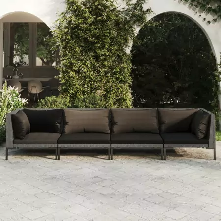 Set Divani Giardino 4 pz con Cuscini in Polyrattan Grigio Scuro