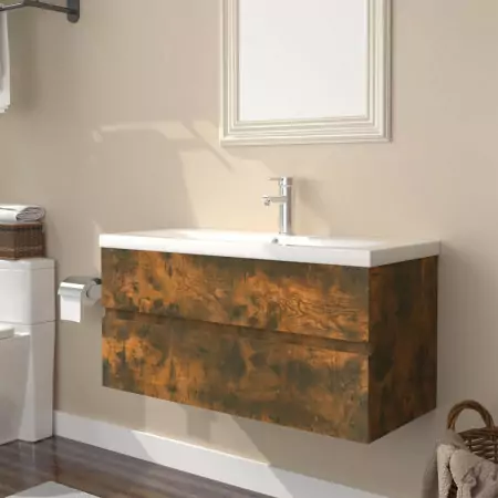 Mobile Bagno con Lavabo Integrato Rovere Fumo Legno Multistrato