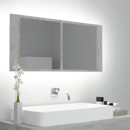 Armadietto a Specchio con Luci LED Grigio Cemento 100x12x45 cm