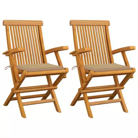 Sedie da Giardino con Cuscini Beige 2 pz in Massello di Teak