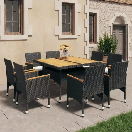 Set da Pranzo da Giardino 9 pz in Polyrattan e Acacia Nero