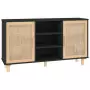 Credenza Nera 105x30x60cm Legno Massello Pino e Rattan Naturale