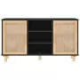 Credenza Nera 105x30x60cm Legno Massello Pino e Rattan Naturale