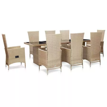 Set da Pranzo da Giardino 9 pz con Cuscini in Polyrattan Beige