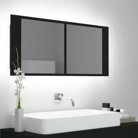 Armadietto a Specchio con Luci LED Nero 100x12x45 cm