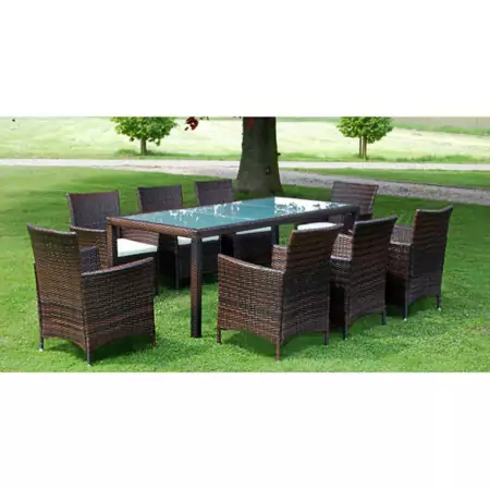 Set da Pranzo da Giardino 9 pz con Cuscini Polyrattan Marrone