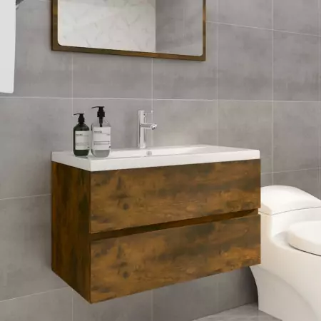 Mobile Bagno con Lavabo Integrato Rovere Fumo Legno Multistrato