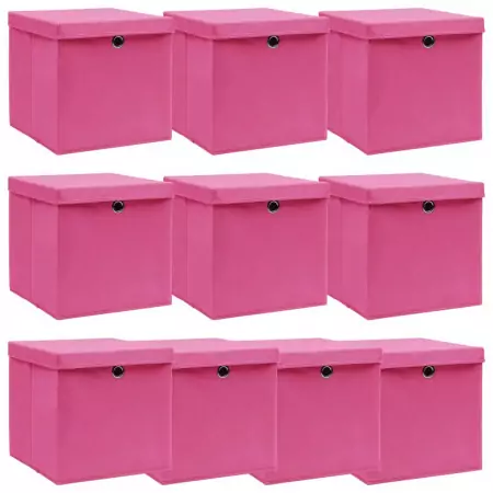 Scatole con Coperchi 10 pz Rosa 32x32x32 cm in Tessuto