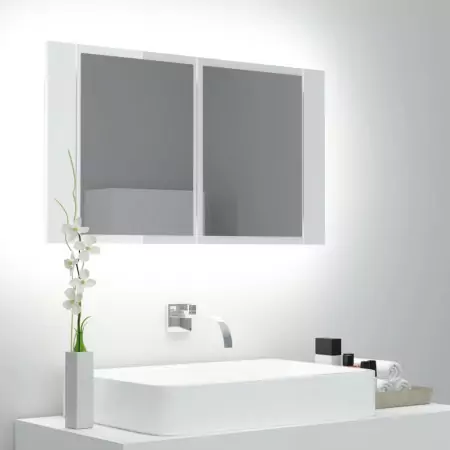 Armadietto a Specchio con Luci LED Bianco Lucido 80x12x45 cm