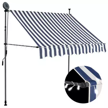 Tenda da Sole Retrattile Manuale con LED 200 cm Blu e Bianco