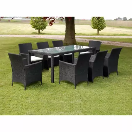 Set da Pranzo da Giardino 9 pz con Cuscini in Polyrattan Nero