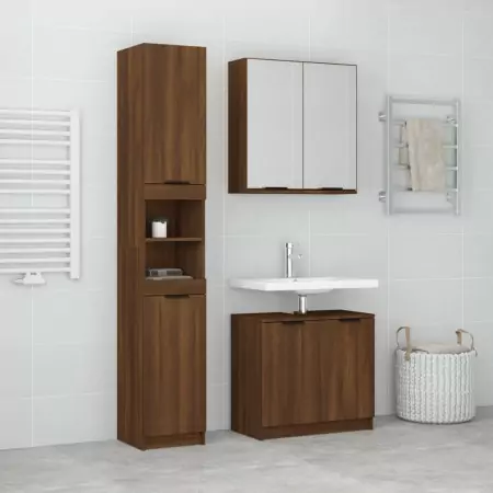 Set Mobili da Bagno 3 pz Rovere Marrone in Legno Multistrato