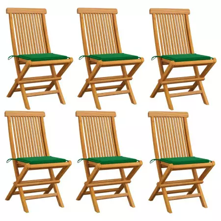 Sedie da Giardino con Cuscini Verdi 6 pz in Massello di Teak