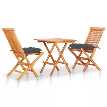 Set da Bistrot 3 pz con Cuscini Antracite in Massello di Teak