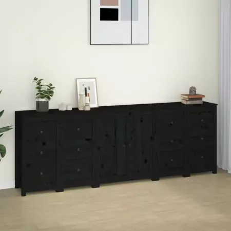 Credenza Nera 230x35x80 cm in Legno Massello di Pino