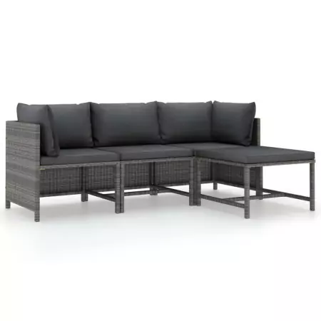 Set Divani da Giardino 4 pz con Cuscini in Polyrattan Grigio