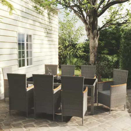 Set da Pranzo da Giardino 9 pz con Cuscini in Polyrattan Grigio