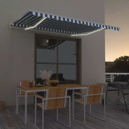 Tenda da Sole Retrattile Manuale con LED 450x350 cm Blu Bianco