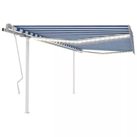 Tenda da Sole Retrattile Manuale con LED 4,5x3,5 m Blu e Bianca