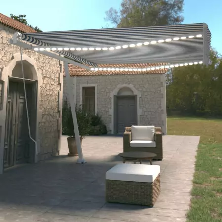 Tenda da Sole Retrattile Manuale con LED 450x350 cm Blu Bianco