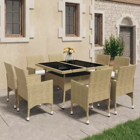 Set da Pranzo da Giardino 9 pz in Polyrattan e Vetro Beige