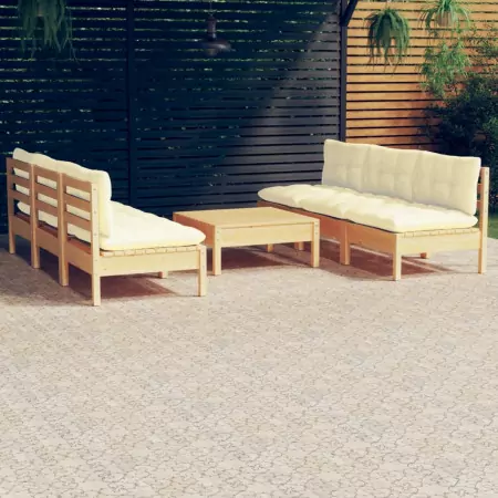 Set Divani da Giardino 7 pz con Cuscini Crema Massello di Pino