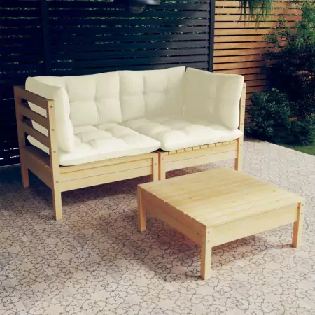 Set Divani da Giardino 3 pz con Cuscini Crema Massello di Pino