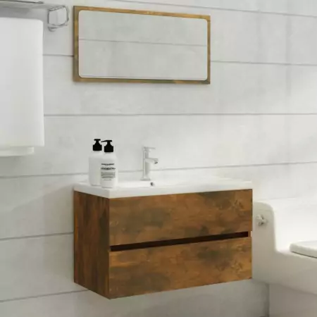 Mobile Bagno con Lavabo Integrato Rovere Fumo Legno Multistrato