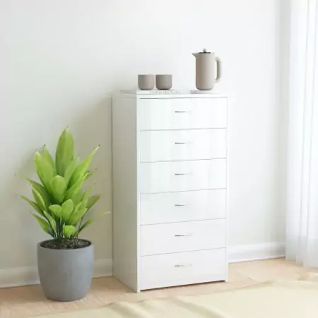 Credenza con 6 Cassetti Bianco Lucido 50x34x96 cm in Truciolato