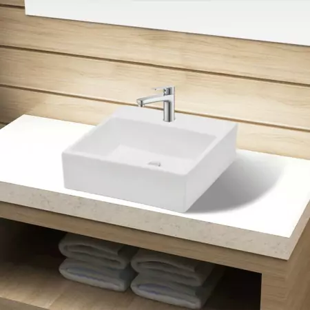 Lavandino Bagno in Ceramica Bianca Quadrato con Foro Rubinetto