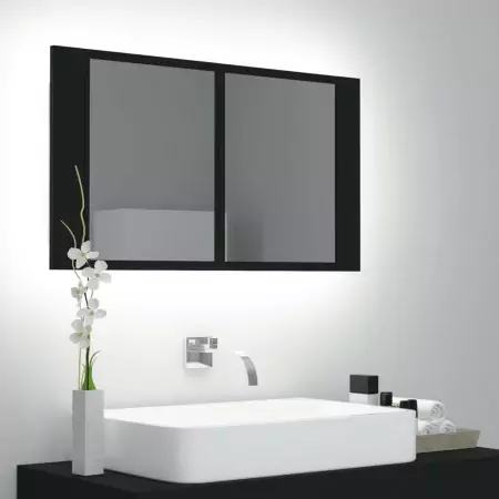 Armadietto Bagno con Specchio e LED Nero 80x12x45 cm