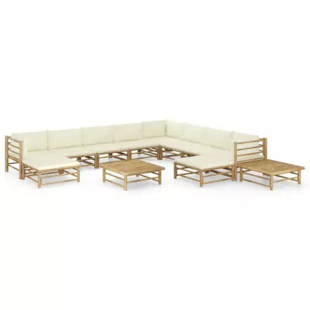 Set Divani da Giardino 12 pz con Cuscini Bianco Crema in Bambù